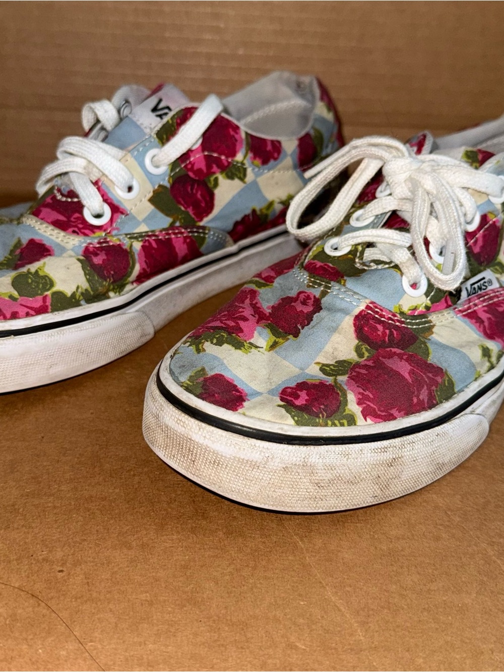 Vans Canvas Skate Shoes Doheny Checkerboard Pink Rose Floral Blue Women's Sz 6.5